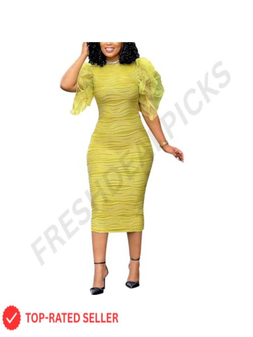 Flutter Sleeve Ruched Bodycon Textured Pencil Dress Stretchy Office Party Midi